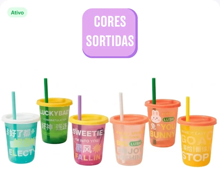 Conjunto de copos infantis com canudo